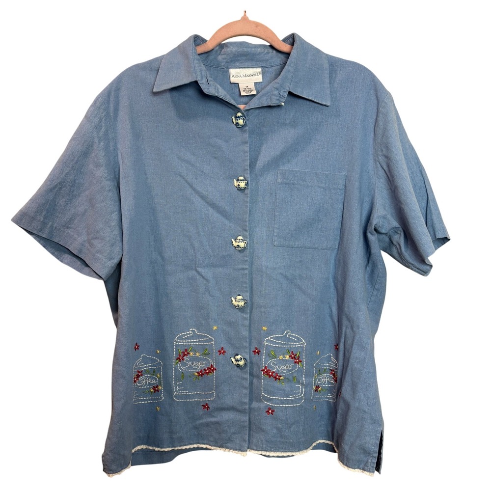 Vintage Womens 1X Short Sleeve Blue Embroidered Tea Pot Time Button Up Shirt Top